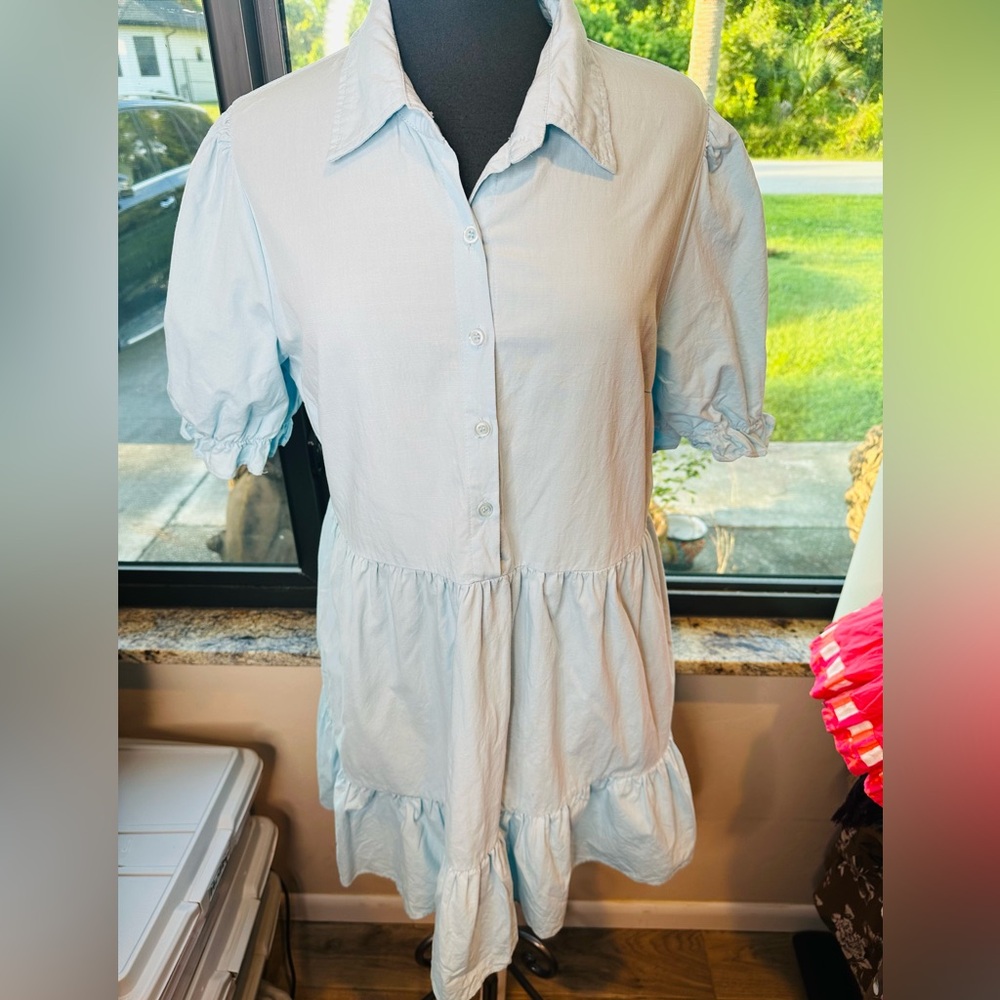 Roycamp Cotton Blend Light Blue Mini Minimalist Tiered Dress XL